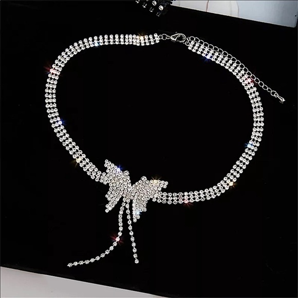 Butterfly Crystal Tassel Choker Rhinestone Necklace - Picture 6 of 10